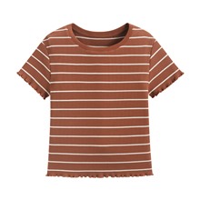 羅紋條紋木耳邊短版T恤-女