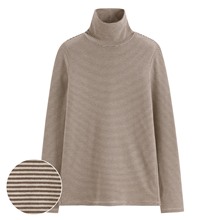 磨毛羅紋條紋高領T恤-女