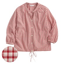 輕薄格紋七分袖抽繩襯衫-女