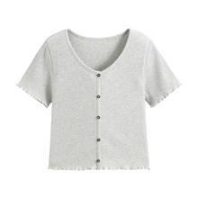 羅紋V領鈕釦T恤-女