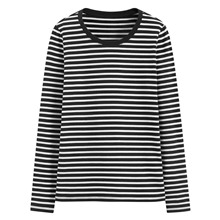 棉質羅紋條紋長袖T恤-女