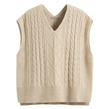 麻花寬版落肩V領針織背心-女