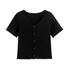 羅紋V領鈕釦T恤-女