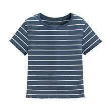 羅紋條紋木耳邊短版T恤-女