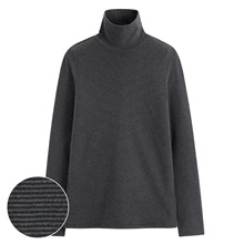 磨毛羅紋條紋高領T恤-女