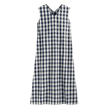 格紋V領寬襬長洋裝-女