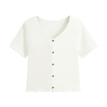 羅紋V領鈕釦T恤-女
