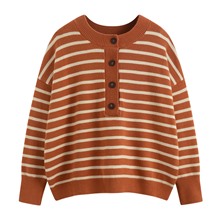 寬版條紋半開襟毛衣-女