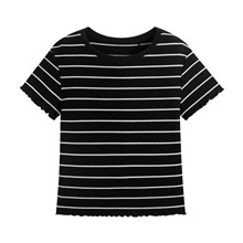 羅紋條紋木耳邊短版T恤-女