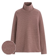 磨毛羅紋條紋高領T恤-女