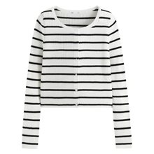 透膚圓領條紋短版針織外套-女