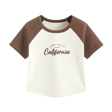 羅紋拉克蘭袖文字印花短版T恤-女