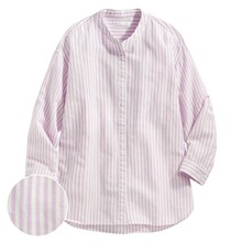 棉麻條紋七分袖襯衫-女