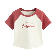 羅紋拉克蘭袖文字印花短版T恤-女