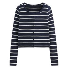 透膚圓領條紋短版針織外套-女