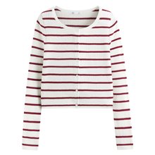 透膚圓領條紋短版針織外套-女