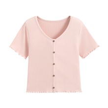 羅紋V領鈕釦T恤-女