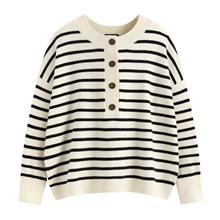 寬版條紋半開襟毛衣-女