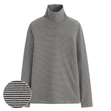 磨毛羅紋條紋高領T恤-女