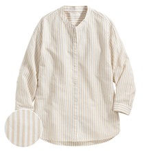 棉麻條紋七分袖襯衫-女