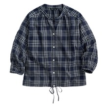 輕薄格紋七分袖抽繩襯衫-女