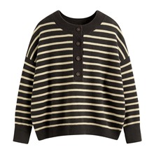 寬版條紋半開襟毛衣-女