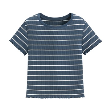 羅紋條紋木耳邊短版T恤-女