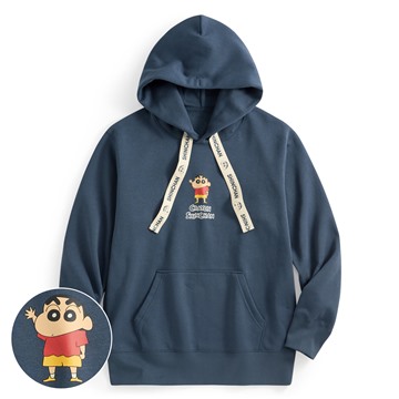 蠟筆小新刷毛印花織帶連帽衫-03-男