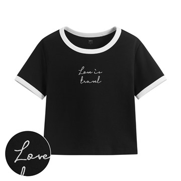 純棉羅紋配色文字電繡T恤-女