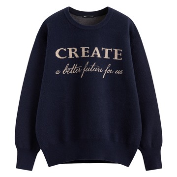 寬版圓領文字毛衣-女