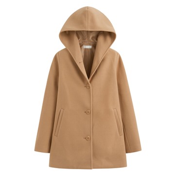 仿毛呢排釦連帽大衣-女