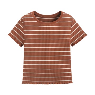 羅紋條紋木耳邊短版T恤-女