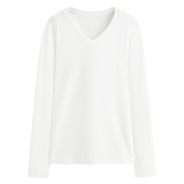 棉質羅紋V領長袖T恤-女