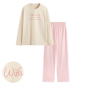 棉質彈性文字格紋家居套裝-女