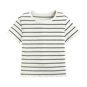 羅紋條紋木耳邊短版T恤-女