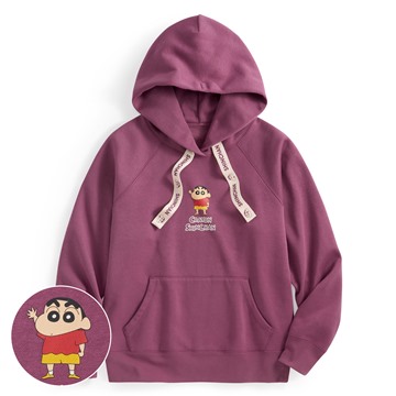 蠟筆小新刷毛印花織帶連帽衫-03-女