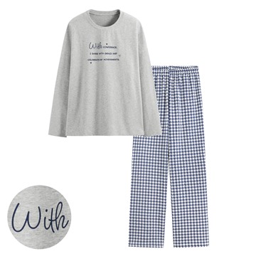 棉質彈性文字格紋家居套裝-女