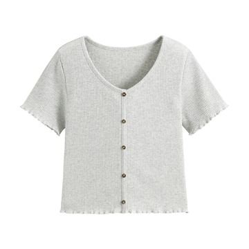 羅紋V領鈕釦T恤-女