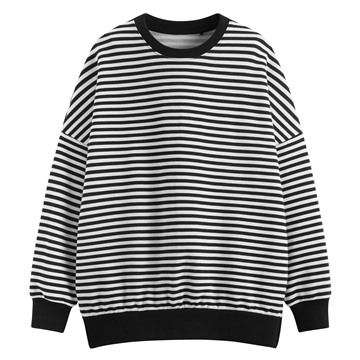 刷毛寬長版條紋圓領衫-女