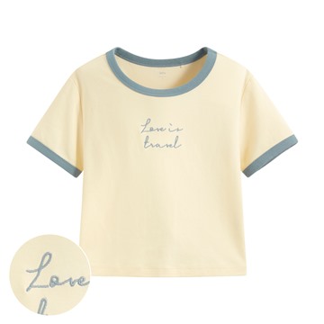純棉羅紋配色文字電繡T恤-女