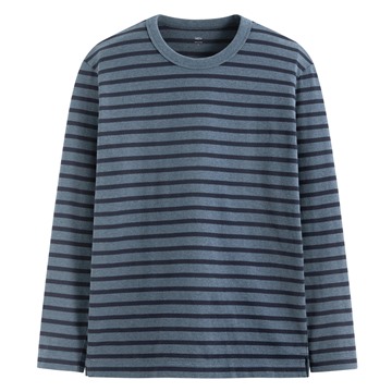 純棉粗紡條紋圓領長袖T恤-男