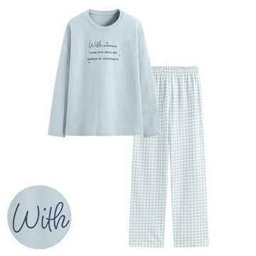 棉質彈性文字格紋家居套裝-女