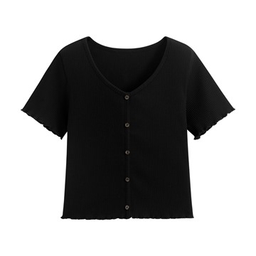 羅紋V領鈕釦T恤-女