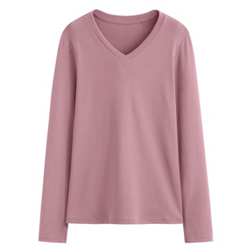 棉質羅紋V領長袖T恤-女