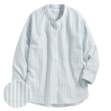 棉麻條紋七分袖襯衫-女