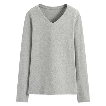 棉質羅紋V領長袖T恤-女