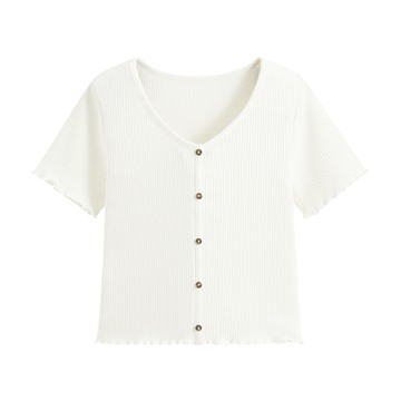 羅紋V領鈕釦T恤-女