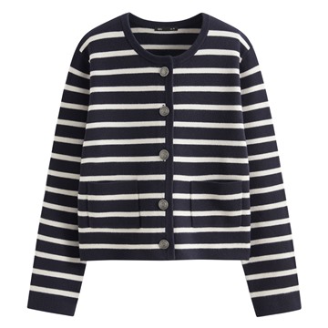 條紋寬版圓領針織外套-女