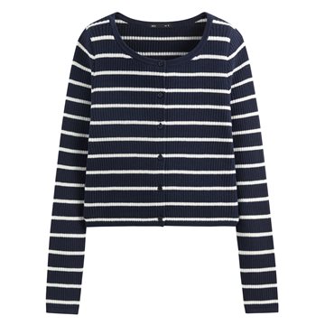 透膚圓領條紋短版針織外套-女