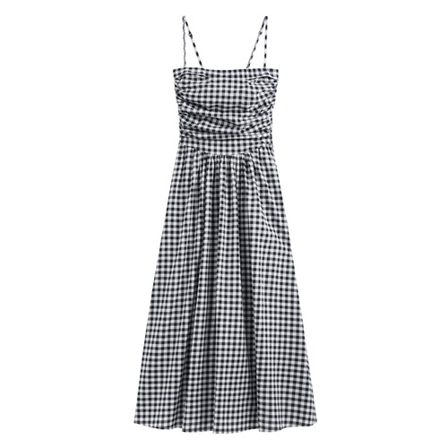 平口可拆式細肩帶格紋洋裝-女